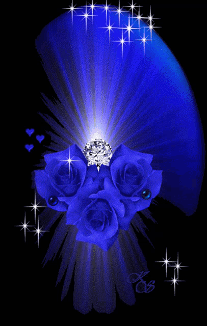 a bunch of blue roses with a diamond in the middle on a black background