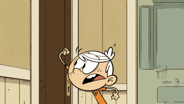a cartoon of lincoln loud standing in front of a door with his fist in the air