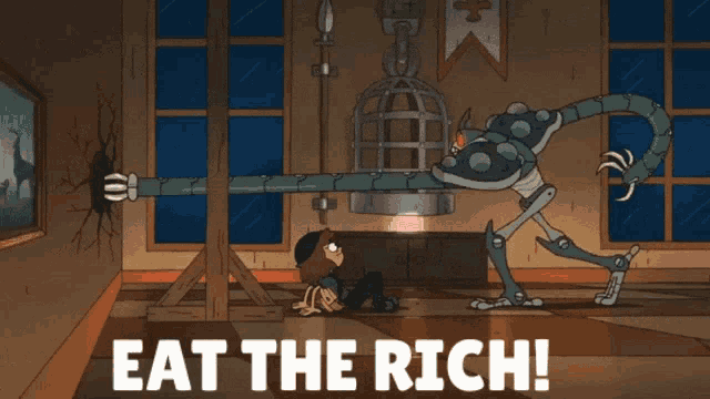 a cartoon of a robot with the words eat the rich