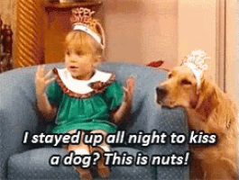 a little girl is sitting on a couch next to a dog wearing a tiara