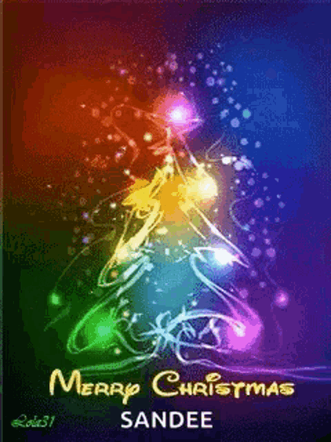 a merry christmas card with a rainbow christmas tree