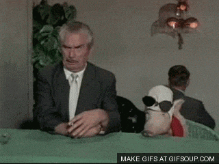 a man in a suit and tie is sitting at a table with a pig wearing goggles