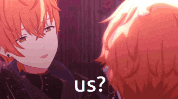 a couple of anime characters are standing next to each other and one of them is asking the other if he is us .