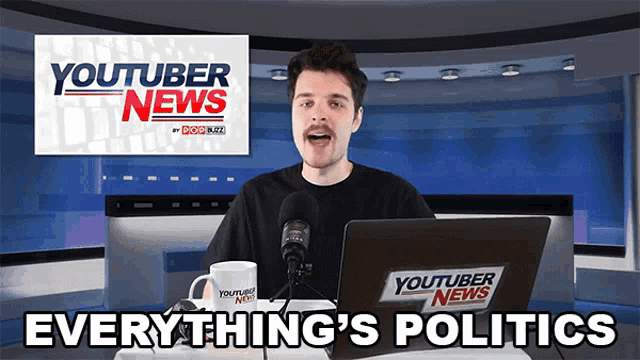 a man stands in front of a youtuber news logo