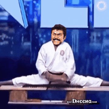 a man in a karate uniform is doing a split on a wooden bench with the name dhaeia written below him