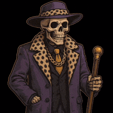 a cartoon of a skeleton wearing a purple coat and hat