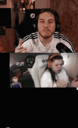 a man wearing headphones sits next to a woman wearing headphones in front of a microphone