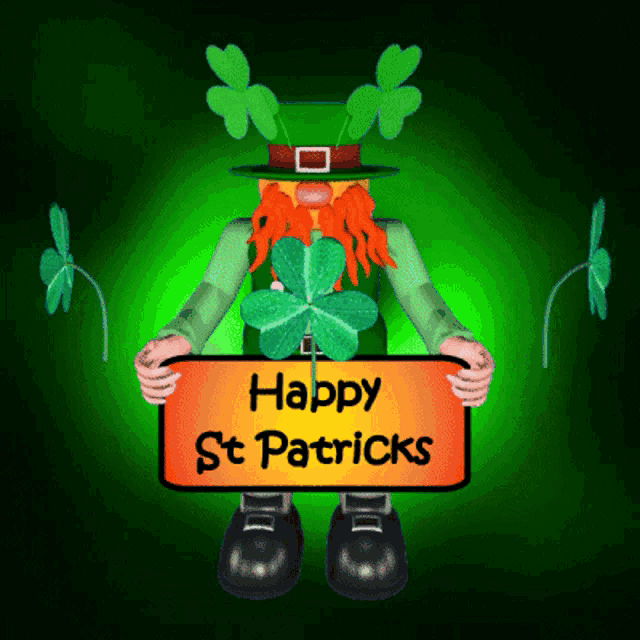 a leprechaun is holding a sign that says happy st. patricks