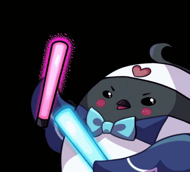 a penguin wearing a bow tie holds a pink light stick