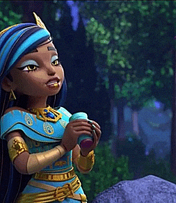 a cartoon girl with long blue hair is standing on a rock holding a can .