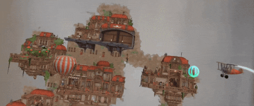 a painting of a city with a hot air balloon in the sky