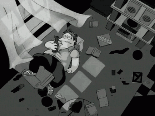 a black and white cartoon of a man laying on the floor with a pizza box in the background