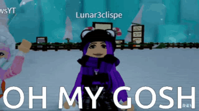 a girl in a purple outfit is standing in the snow with the words oh my gosh below her