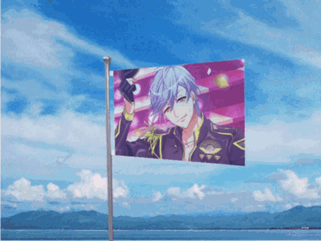 a flag with a picture of a man with blue hair