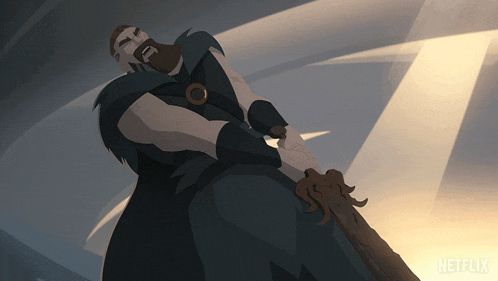 a cartoon of a man holding a sword with a netflix logo behind him