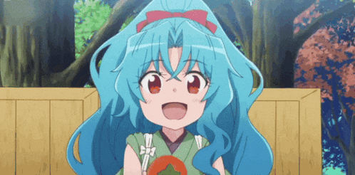 a girl with blue hair and red eyes is smiling