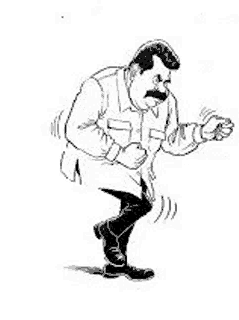 a black and white drawing of a man with a mustache is dancing .