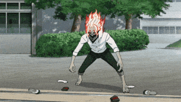 a cartoon character with flames on his head is standing on the ground