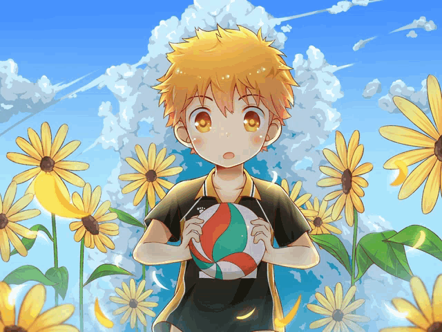 a boy in a black shirt is holding a volleyball in a field of sunflowers
