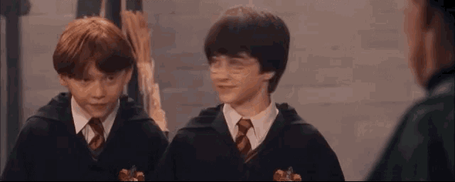 harry potter and ron weasley are smiling while talking to a man