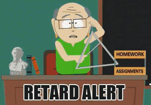 a cartoon of a teacher holding a triangle with the words retard alert written below him