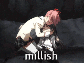 a picture of a girl hugging another girl with the word millish on the bottom right