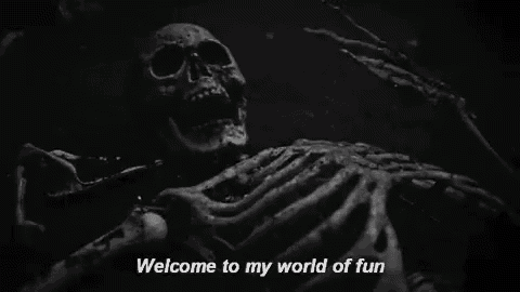 a skeleton is laying on the ground with the words `` welcome to my world of fun '' .