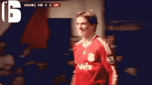 a soccer player wearing a red jersey with the number 6 on the back