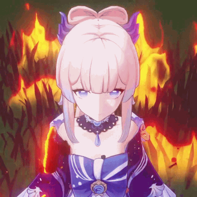 a girl with pink hair and blue eyes is standing in front of flames .
