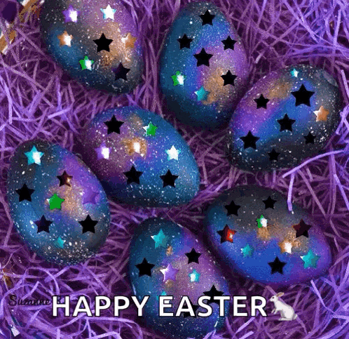 purple and blue easter eggs with black stars and the words happy easter
