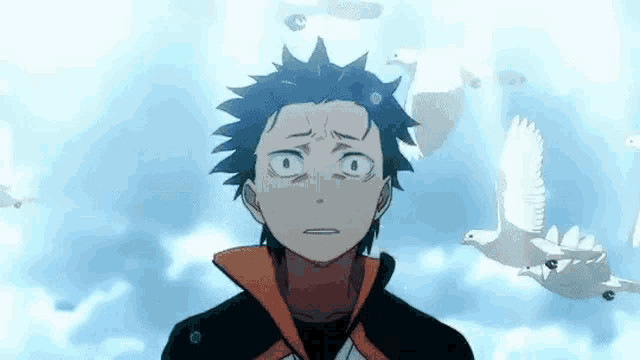 a man is standing in front of a flock of birds in the sky .