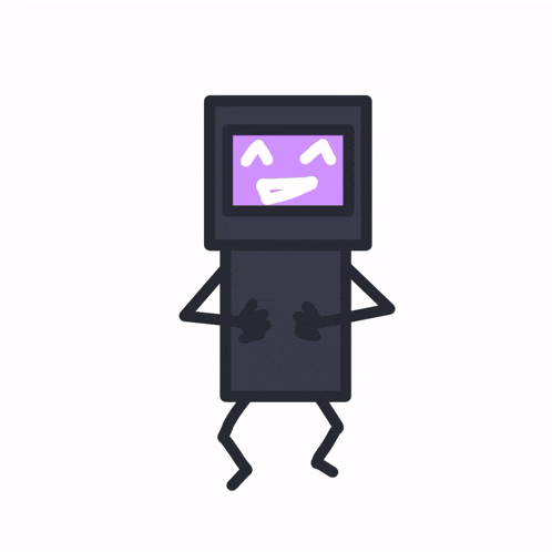 a cartoon drawing of a black box with a purple face on it