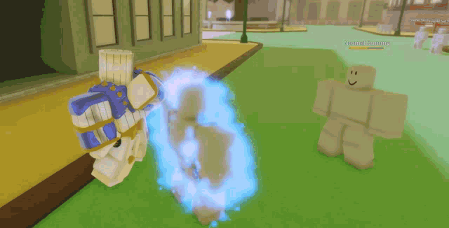 a cartoon character in a video game is standing next to another character with a smiley face on his face .