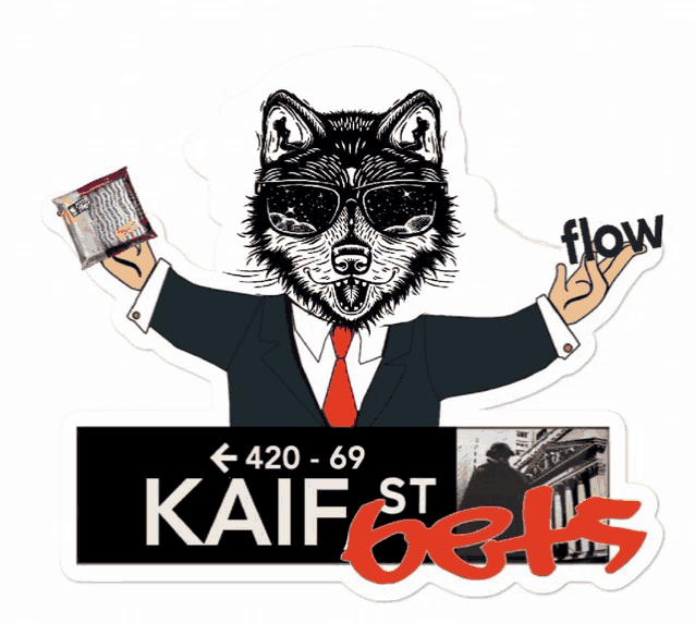 a sticker shows a wolf in a suit and tie holding a bag of money