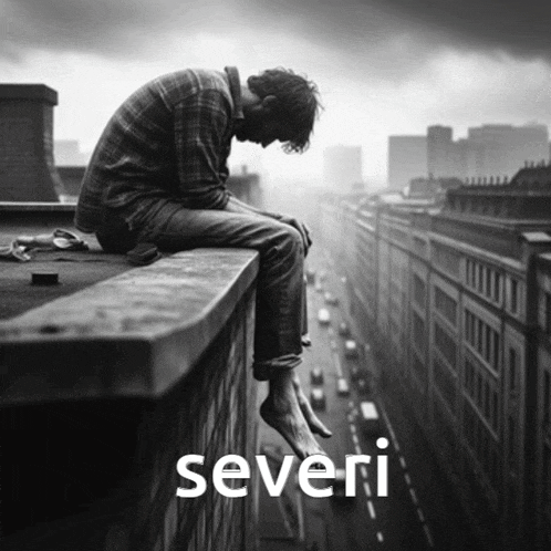 a black and white photo of a man sitting on the edge of a building with the word severi below him