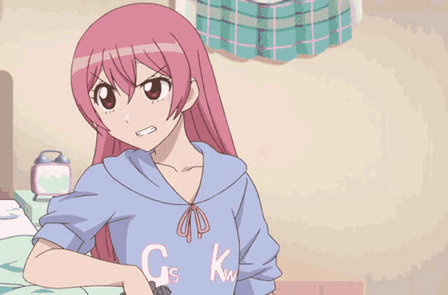 a girl with pink hair is holding a gun and wearing a shirt that says gskw