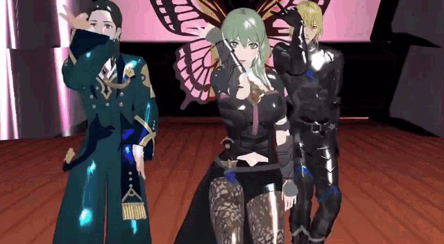 a group of anime characters are standing on a stage .