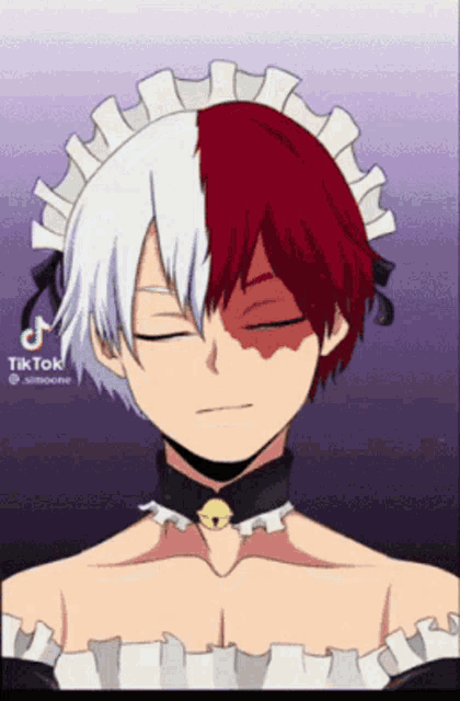 a cartoon character with half red and half white hair is wearing a maid outfit .