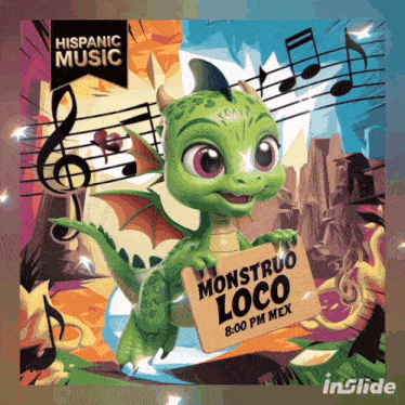 an advertisement for hispanic music shows a dragon holding a sign that says monstruo loco