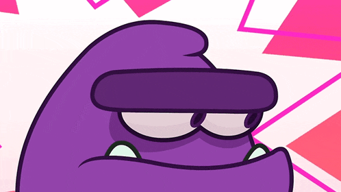 a purple cartoon character with a pink background has a very angry look on his face