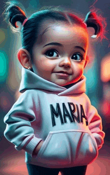 a little girl is wearing a maria sweatshirt