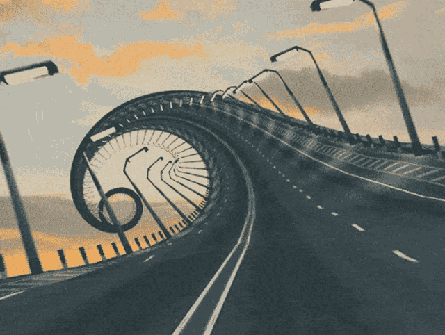 a bridge with the number 6 on it and a sunset in the background