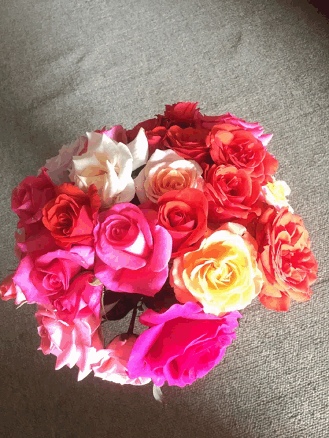 a bunch of different colored roses are laying on the floor