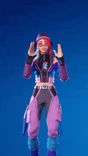 a woman in a purple and black outfit is standing with her hands up