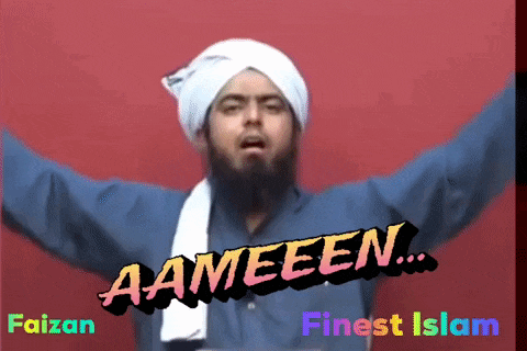 a man with his arms outstretched and the words faizan aameeen finest islam behind him