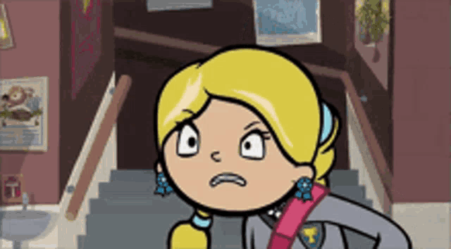 a cartoon girl with blonde hair is standing on a set of stairs and making a funny face
