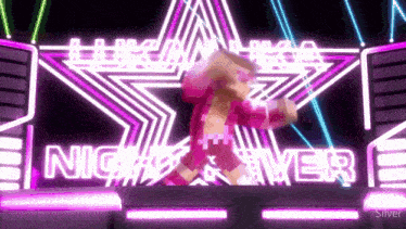 a cartoon character is dancing in front of a neon sign that says night ever .