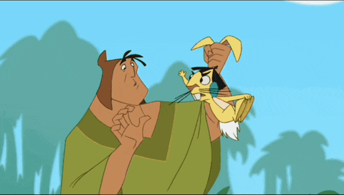 a cartoon of a woman holding a banana peel on a man 's head