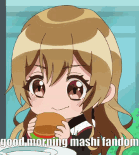 a cartoon girl is eating a hamburger with the words good morning mashi fandom on the bottom