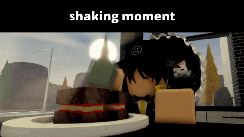 a girl with a sad face on her hat is shaking a cake in a video game